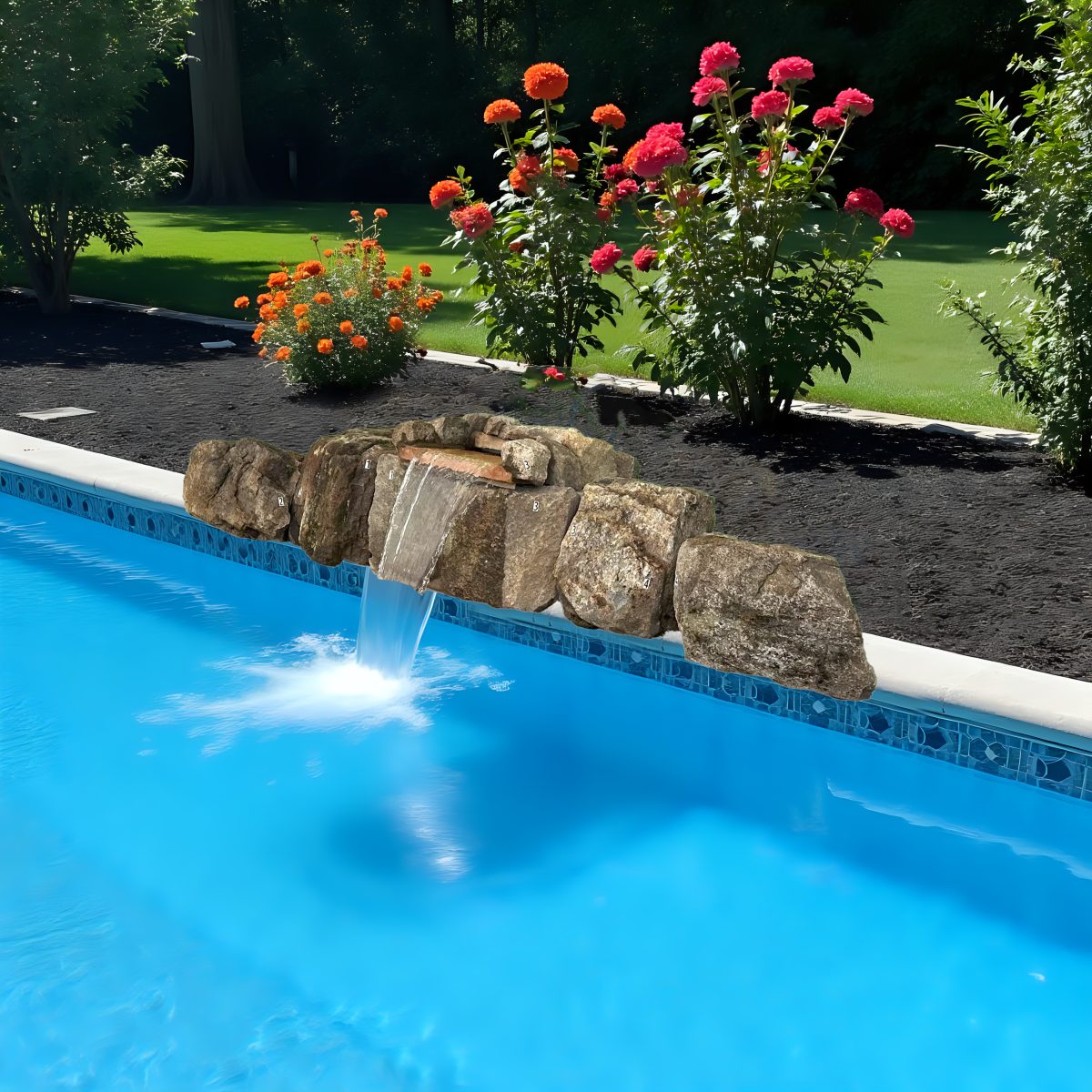 A beautiful natural stone waterfall kit flowing into a swimming pool