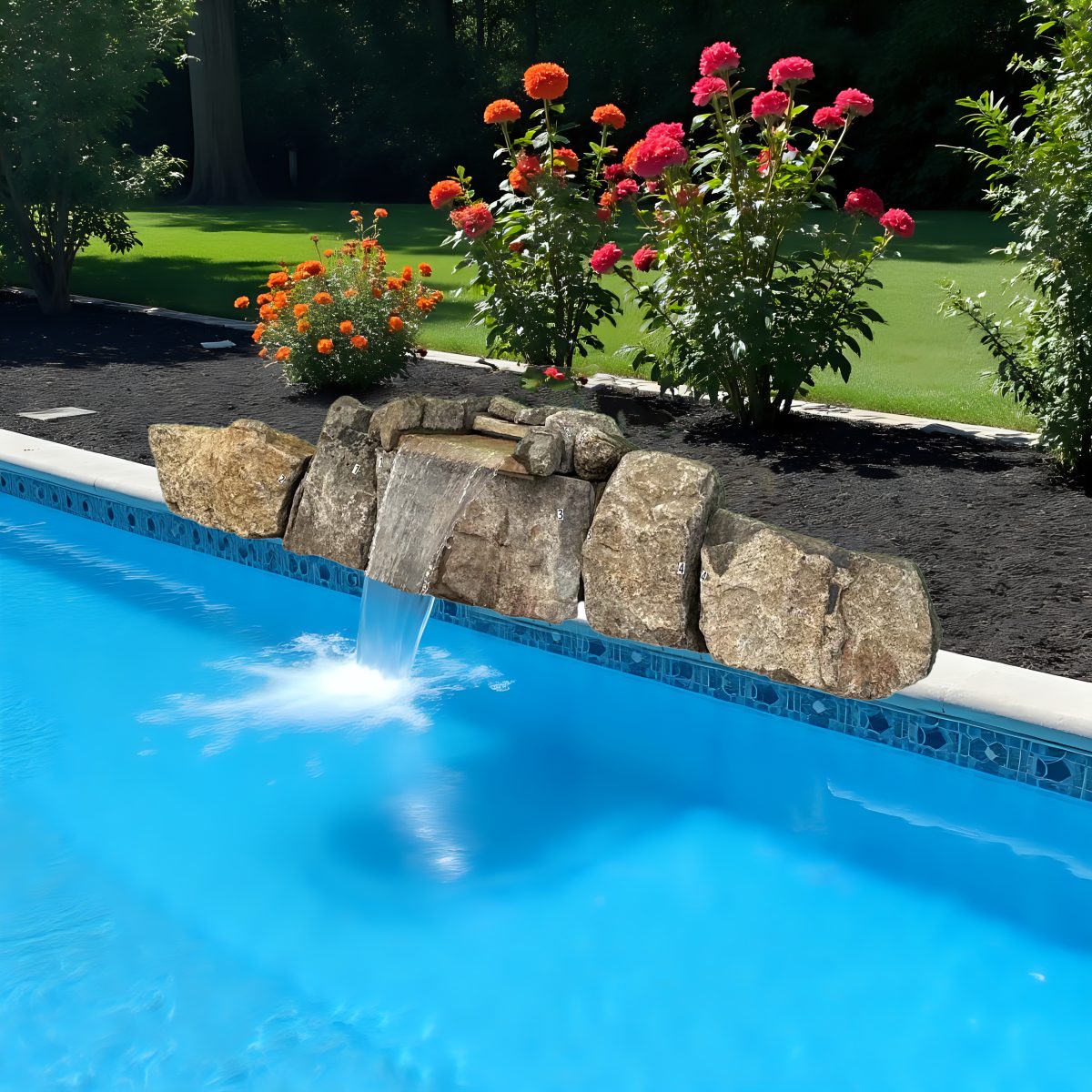A beautiful natural stone waterfall kit flowing into a swimming pool