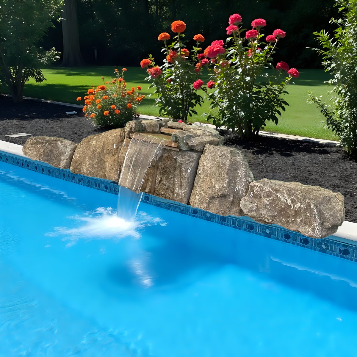 A beautiful natural stone waterfall kit flowing into a swimming pool