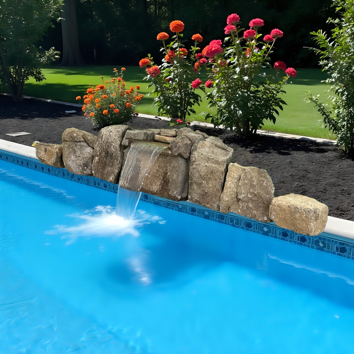 A beautiful natural stone waterfall kit flowing into a swimming pool