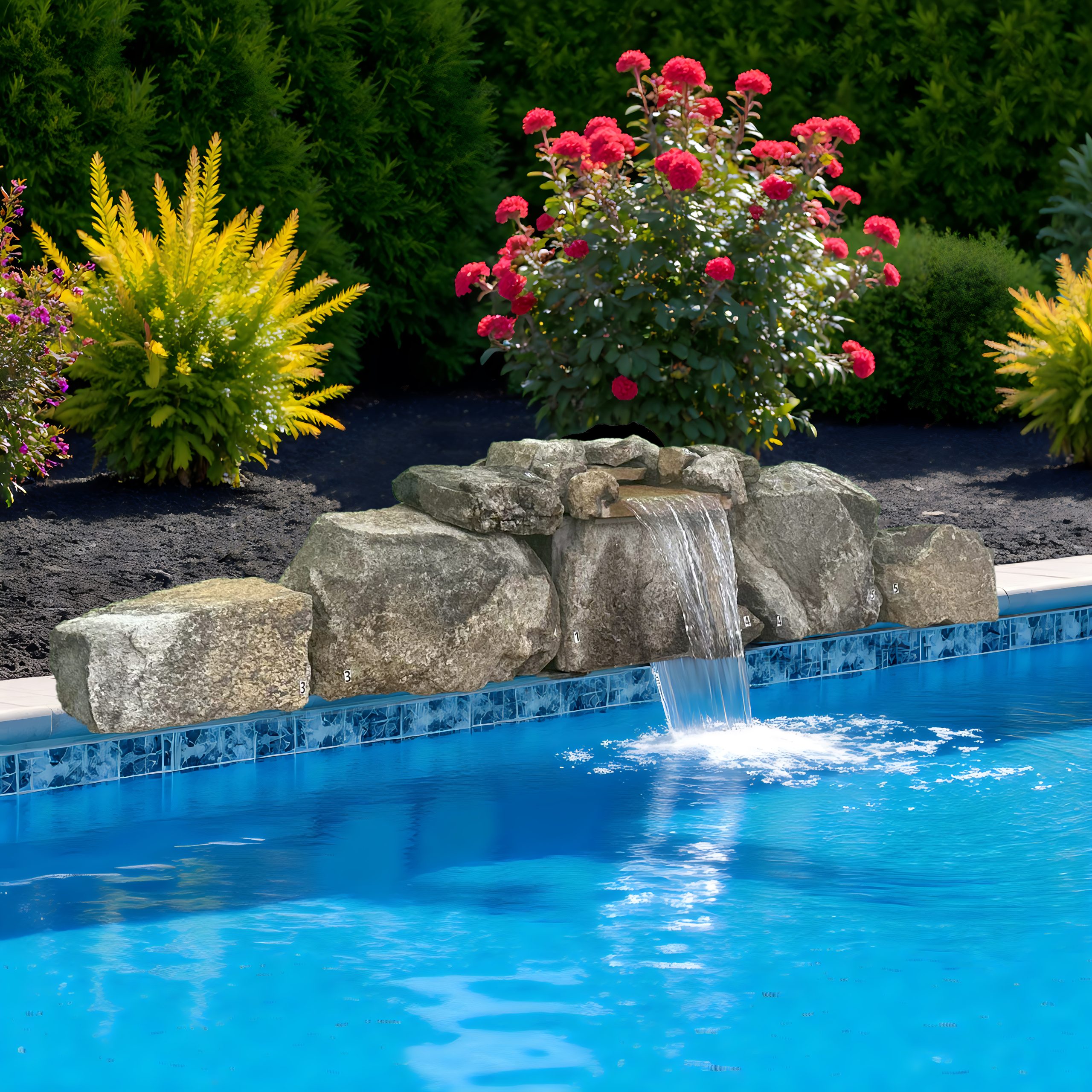 A beautiful natural stone waterfall kit flowing into a swimming pool