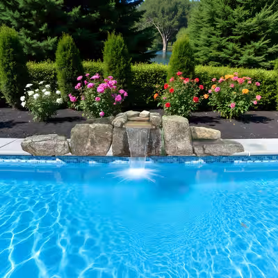Prefab natural stone pool waterfall kit 1018 flowing into clear pool water