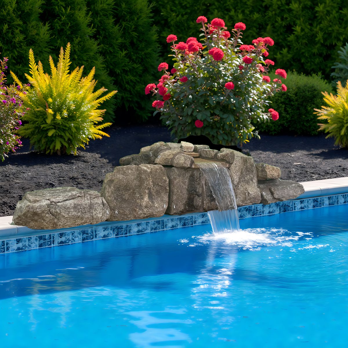 A beautiful natural stone waterfall kit flowing into a swimming pool