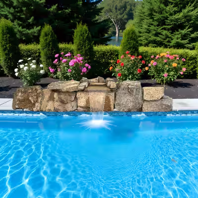 Contractor-installed natural stone waterfall kit 1020 on an inground pool