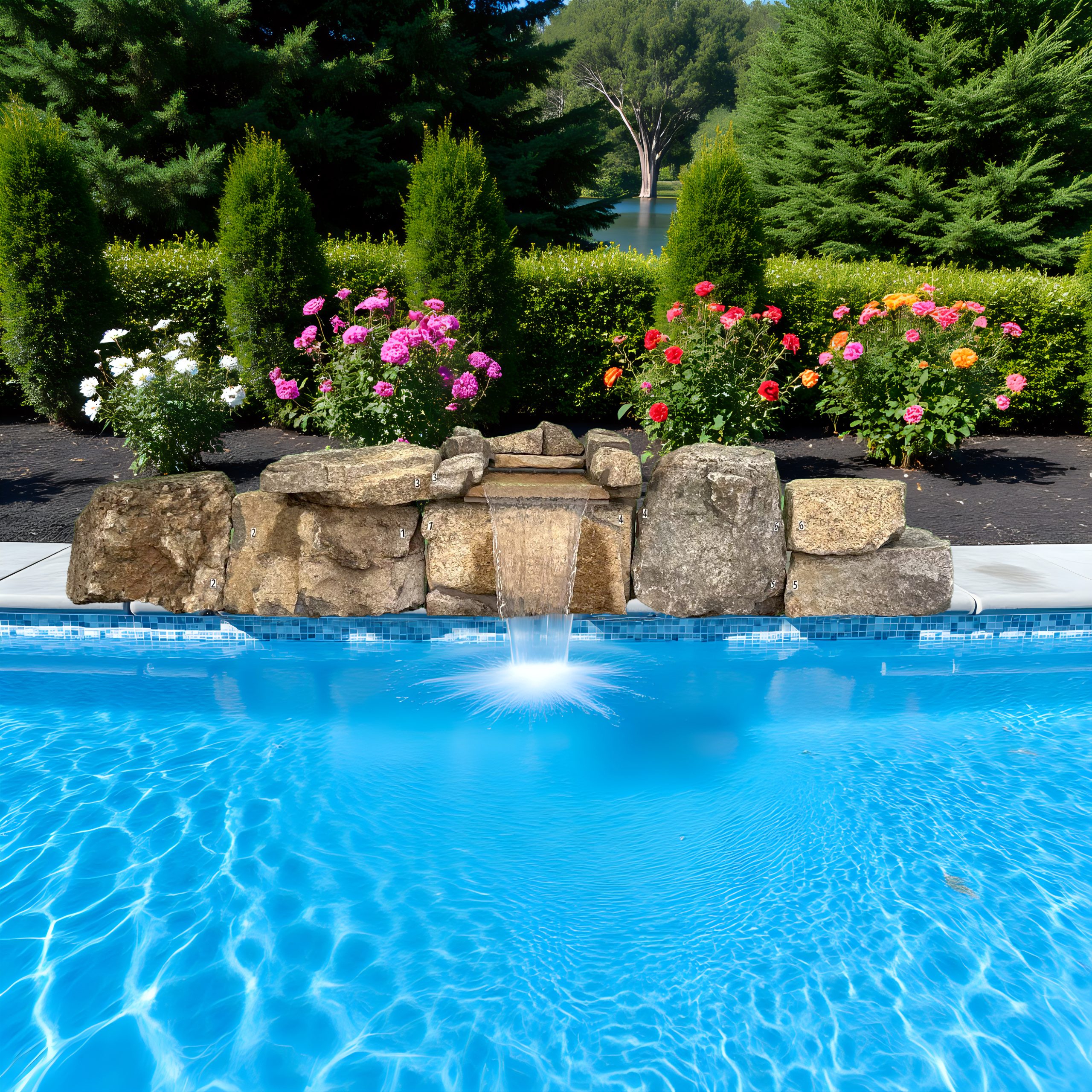 Contractor-installed natural stone waterfall kit 1020 on an inground pool
