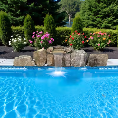 Natural stone pool waterfall kit 1021 with stacked rock ledges