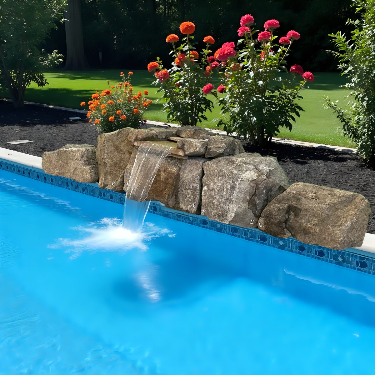 A beautiful natural stone waterfall kit flowing into a swimming pool