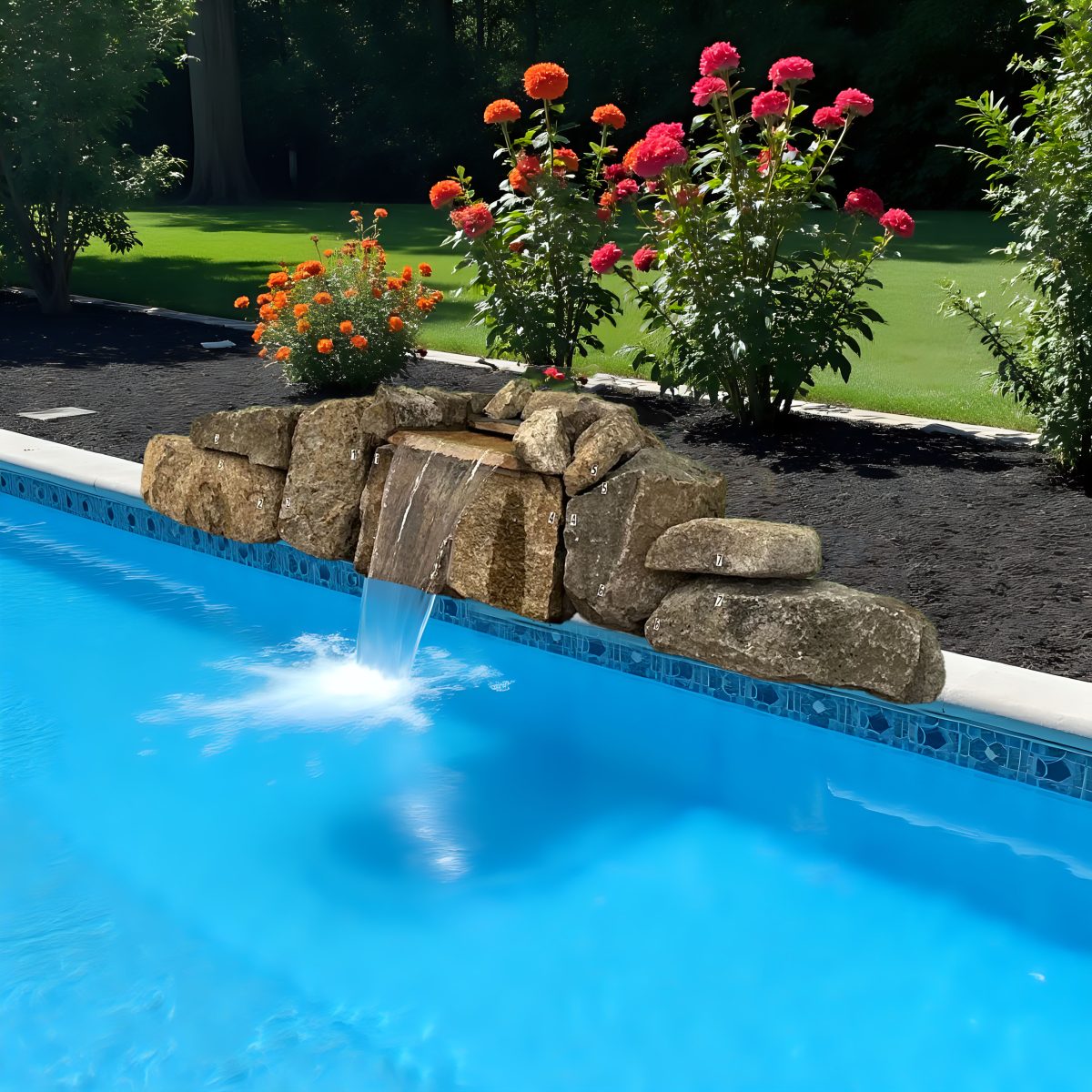 A beautiful natural stone waterfall kit flowing into a swimming pool