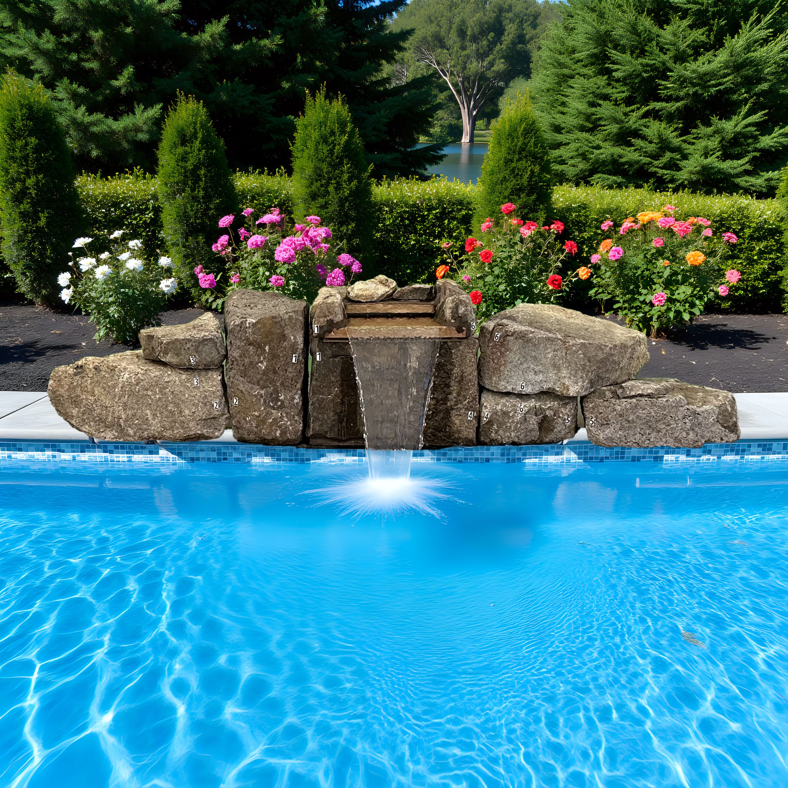 Pre-engineered natural stone pool waterfall kit 1025 with cascading water