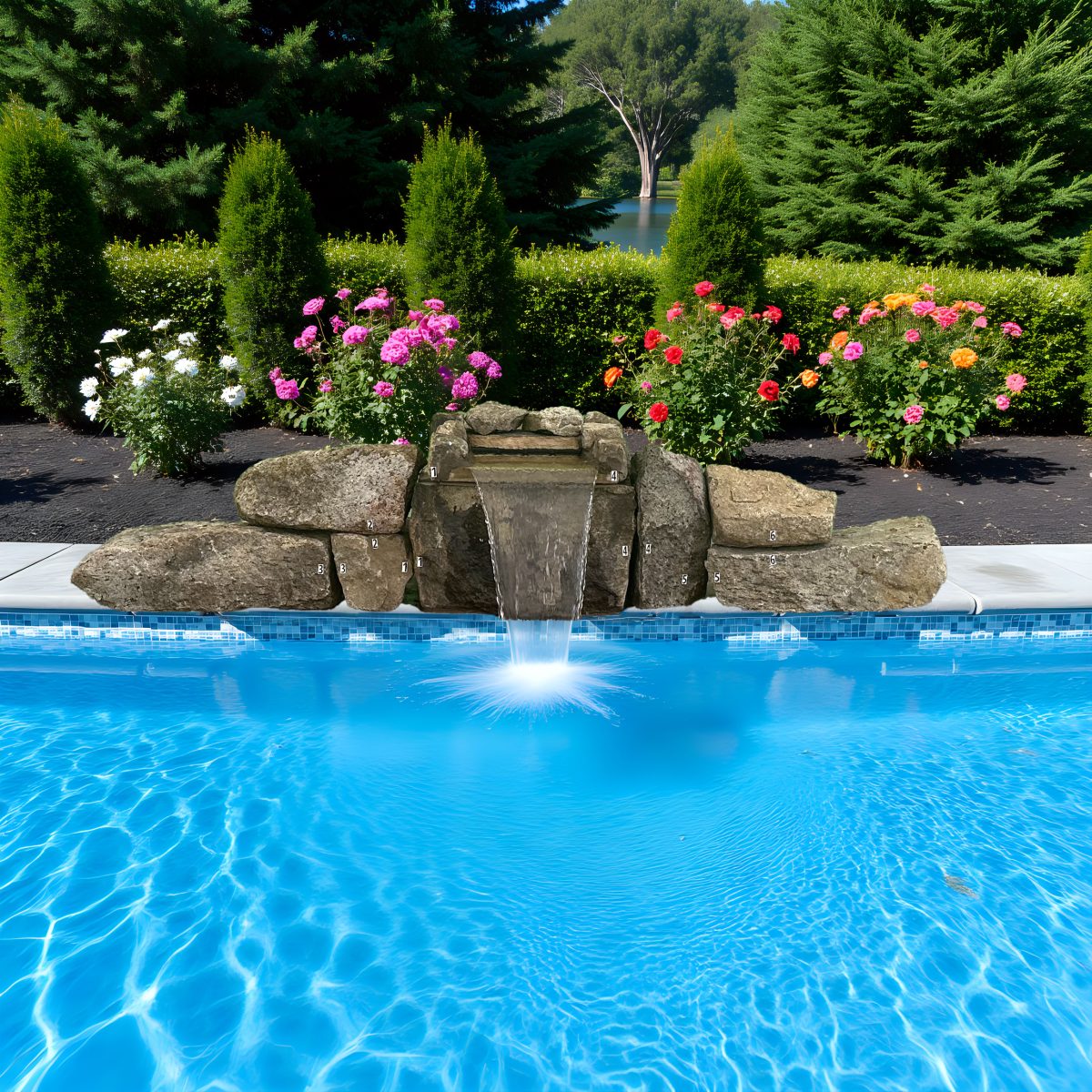 A beautiful natural stone waterfall kit flowing into a swimming pool