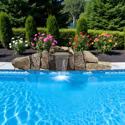 Genesis natural stone pool waterfall kit 1028 flowing into an inground swimming pool