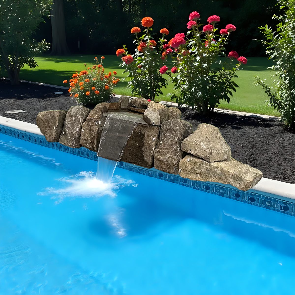 A beautiful natural stone waterfall kit flowing into a swimming pool