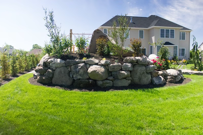 Multi-tiered natural stone boulder waterfall cascading into a pool surrounded by lush garden greenery