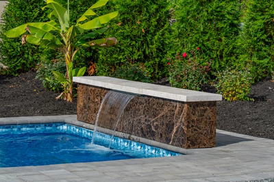 Single-tier natural stone waterfall with sheer descent flow into pool surrounded by tropical plants