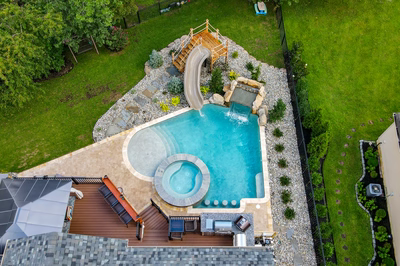 Two-tiered natural stone boulder waterfall cascading into a pool surrounded by lush evergreen landscaping