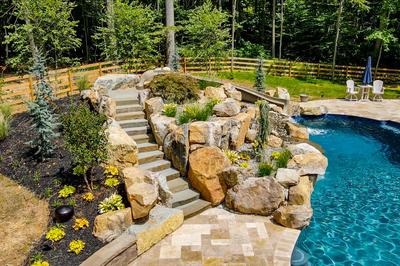 Multi-tiered natural stone boulder waterfall cascading into a pool surrounded by lush garden plants