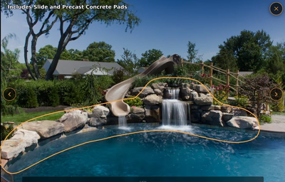 Multi-tiered natural stone boulder waterfall cascading into a freeform pool with lush garden plants