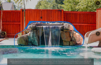 Multi-tier natural stone boulder waterfall cascading into a gunite pool with surrounding potted plants