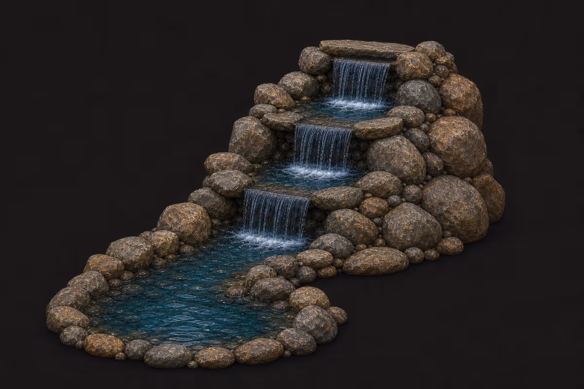 AWS natural stone three-tier waterfall and stream illustration